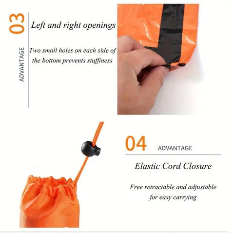 Close-up of Emergency Sleeping Bag Portable Thermal Bivy Sack Waterproof Lightweight Survival Gear with elastic cord closure.