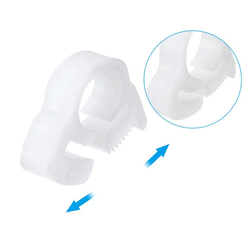 Close-up of Three Pack 3/8 Inch Plastic Hose Clamps With Heavy Duty Double Snap Ratcheting Grip Adjustable Flow Clamp For Hoses White Built Tough