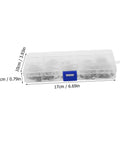 Clear storage box containing 150 Piece 304 Stainless Steel Snap Rings Set C Clip Retaining Rings for shafts machinery equipment kit.