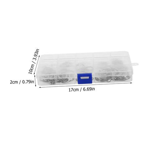 Clear storage box containing 150 Piece 304 Stainless Steel Snap Rings Set C Clip Retaining Rings for shafts machinery equipment kit.