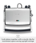 Brushed Stainless Steel Panini Maker With Dual Independent Heating Zones For Even Grilling And Toasting, space-saving design with clip.