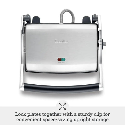 Brushed Stainless Steel Panini Maker With Dual Independent Heating Zones For Even Grilling And Toasting, space-saving design with clip.