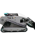 Side view of Remote-Controlled Tracked Lawn Mowing Robot With Adjustable Cutting Height, showing treads and cutting mechanism.