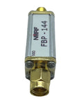 Front view of Compact 144 MHz 2 Meter Bandpass Filter With Miniature SMA Adapter, showing metal casing and connector details.