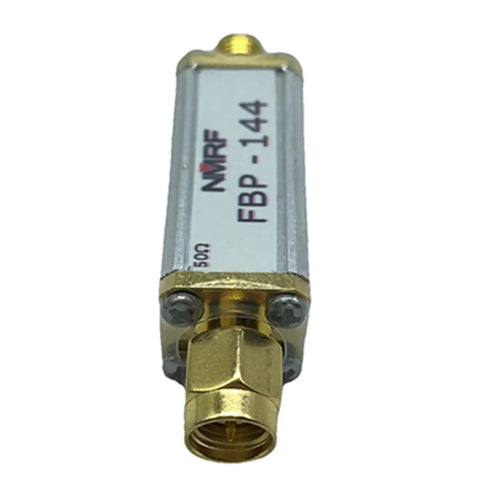 Front view of Compact 144 MHz 2 Meter Bandpass Filter With Miniature SMA Adapter, showing metal casing and connector details.