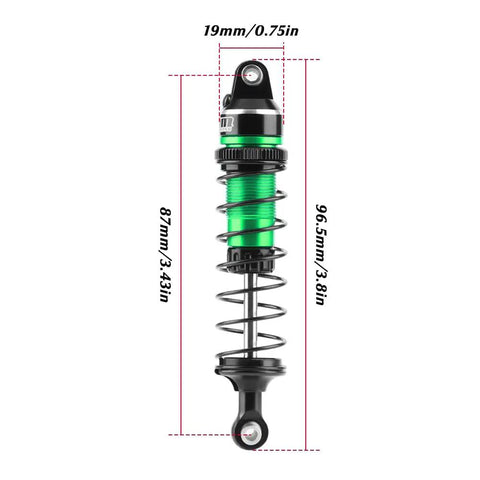 Beefed Up Aluminum 87mm Front And Rear Shock Absorber Set For One Sixteenth Mini Maxx Four Wheel Drive And One Sixteenth Mini XRT VXL 3S RC Trucks Green With Adjustable Springs Tunable Damping Pre Oiled Ready To Run Upgrade, detailed view with measurements.