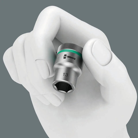 Hand holding Zyklop 8790 HMB Three Eighths Inch Socket For Hex Head Fasteners, 10mm, 29mm Length, Chromium Plated Finish