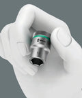 Hand holding Zyklop Seven Eighths Inch Socket With Three Eighths Drive Non Impact Use Knurled Grip For Easy Manual Tightening Ball Stop Groove
