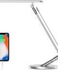 Foldable LED desk lamp with 36 LEDs 14W power, silver finish, USB charging port, adjustable arm, for reading and relaxing