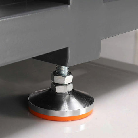 Adjustable foot of Heavy Duty All Steel Workbench With Two Lockable Drawers And Open Shelves Rock Solid Garage Workstation.