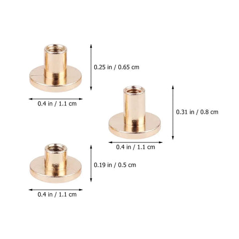 Top Shelf Copper Flat Head Rivet Screws, Thirty Pack Chicago Fasteners For Leather Crafting, Notebook Binding, And Belt Repairs, Solid Metal hardware kits with various sizes.