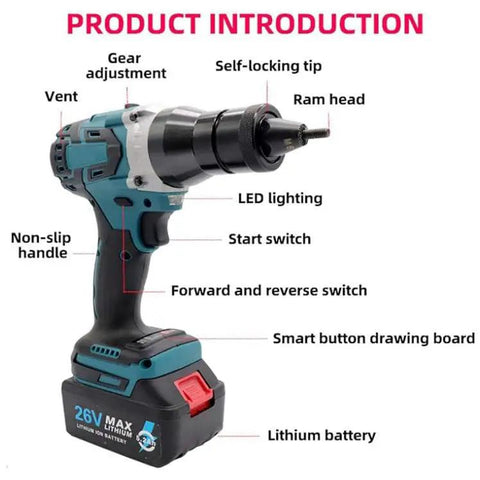 Badass Cordless Electric Rivet Gun For M3 Through M12 Nutserts Featuring Rechargeable Battery And Built In Led Work Light Ready To Roll Zero Wire Hassles showing features like LED light, non-slip handle, and battery.