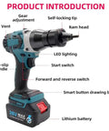 Cordless Electric Rivet Nut Plier M3 M4 M5 M6 M8 M10 M12 Automatic Riveting Gun features gear adjustment and LED lighting.