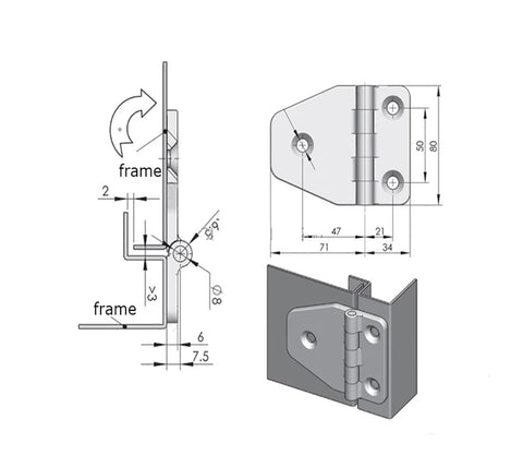 Technical diagram of Beefy Heavy Duty Cabinet Door Hinge Kit For Distribution Cabinet PS Switch Control Box Hardware Part Replacement Industrial Grade Fitting