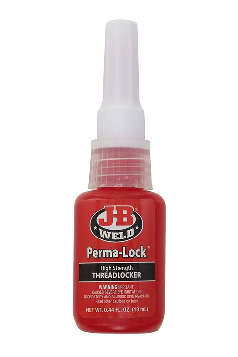 J-B Weld Perma-Lock red threadlocker for heavy-duty applications, 13ml bottle for locking and sealing fasteners against shock and vibration.
