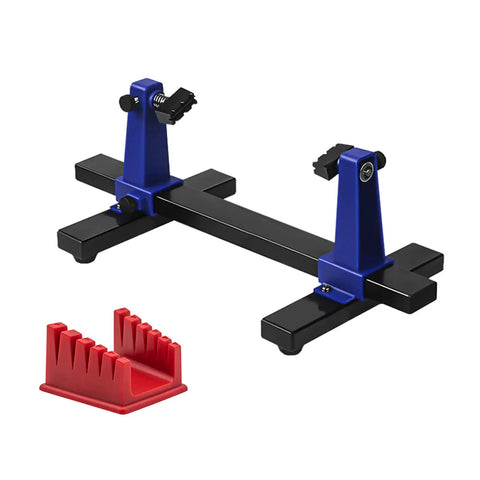 Multifunctional Welding Jig With Adjustable Cable Clamp And Slip Base For Electronics Assembly And Circuit Board Soldering Sweet Grip No Sweat Setup Heavy Duty Fixturing Tool in blue and black, featuring adjustable clamp and rubber base.