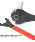 Premium High Carbon Steel Clamping Nut Wrench For ER32 Collet Chuck Spanner with ergonomic handle showing nut rotation capability.