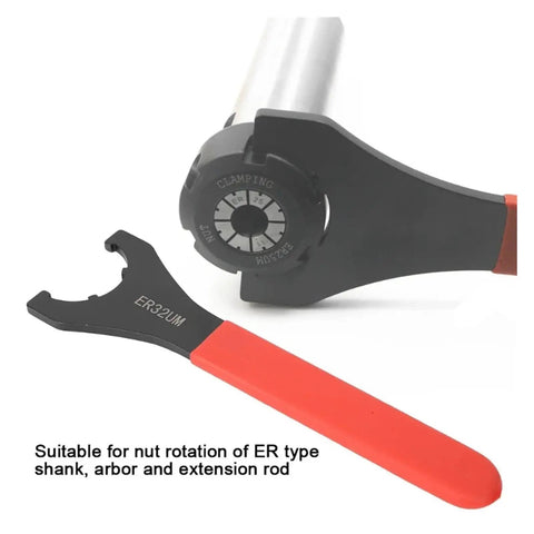 Premium High Carbon Steel Clamping Nut Wrench For ER32 Collet Chuck Spanner with ergonomic handle showing nut rotation capability.