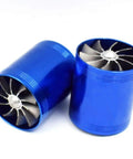 Blue Turbo Air Intake Booster With Dual Turbine Design, Gas Saver Fan, And High Speed Supercharger That Fits 65mm To 74mm Hoses