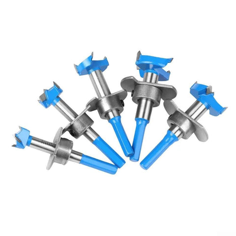 Floweringbeter hinge boring bit set with blue plastic handles and carbide tips