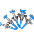 Carbide hinge boring bit set with blue handles (6 pcs) for accurate cabinet hinge holes in laminate, plywood, or wood.