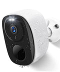 Close-up of Killer Wireless Outdoor Security Camera System 2K Battery Powered Spotlight with Siren Alarm, water-resistant exterior.