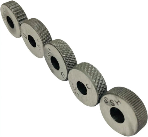 Single Wheel Knurling Tool Holder For Knurling Operations With Multiple Pattern Knurls, HSS knurls displayed in a row