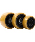 Industrial Grade Polyurethane Auxiliary Wheel For Forklift Stacker Balance Rollers With All Day Traction And Built Tough Reliability For Warehouse Rigs 125Mm Pu, yellow wheels with black cores.