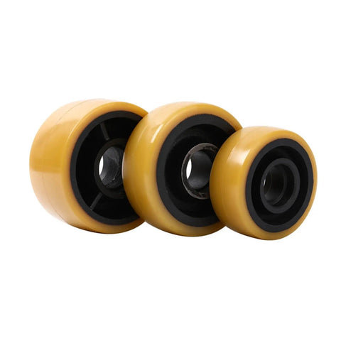 Industrial Grade Polyurethane Auxiliary Wheel For Forklift Stacker Balance Rollers With All Day Traction And Built Tough Reliability For Warehouse Rigs 125Mm Pu, yellow wheels with black cores.