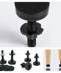 Rock Solid Adjustable Sofa Feet And Furniture Levelers Heavy Duty Leg Supports For Couches And Tables Ditch The Wobbly Floor Setup Built Tough For Daily Grind 10 Pack close-up of adjustable black leg supports with leveling screw design.