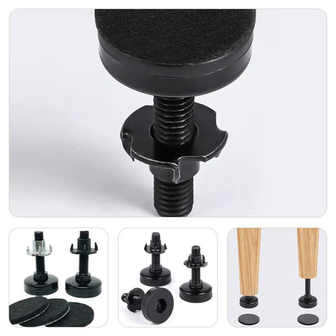 Rock Solid Adjustable Sofa Feet And Furniture Levelers Heavy Duty Leg Supports For Couches And Tables Ditch The Wobbly Floor Setup Built Tough For Daily Grind 10 Pack close-up of adjustable black leg supports with leveling screw design.