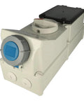 Built Tough IP67 Waterproof Dual Power Outlet With Built In RCD Ground Fault Protection Job Site Ready And Made For Temporary Construction Power Reliable 16Amp 3Pin 230Volt Blue Industrial Socket, side view showing plug and mounting features.