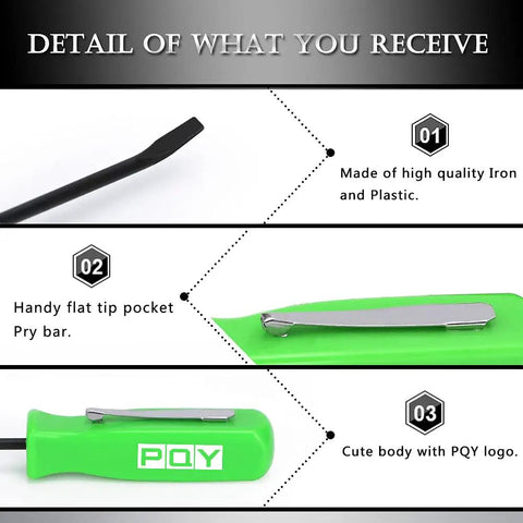 Mini Pocket Pry Bar Set of 3 With Pocket Clip in Green, About 4.4 Inch Length details including flat tip, clip, and logo.