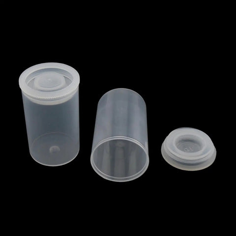 Clear Plastic Film Canister Set 33mm Outer Diameter, 20 Pack For Stash Worthy Storage Containers Of Small Items, three canisters shown