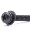 Replacement Tv Stand Screws Kit Features Four Premium Metric Black Machine Screws To Bolt Down Factory Legs, close-up angle of a black screw.
