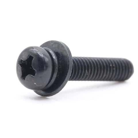 Replacement Tv Stand Screws Kit Features Four Premium Metric Black Machine Screws To Bolt Down Factory Legs, close-up angle of a black screw.