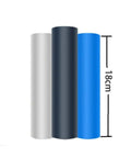 Three vertical rolls of material in white, black, and blue, with an 18cm height dimension shown on the side.