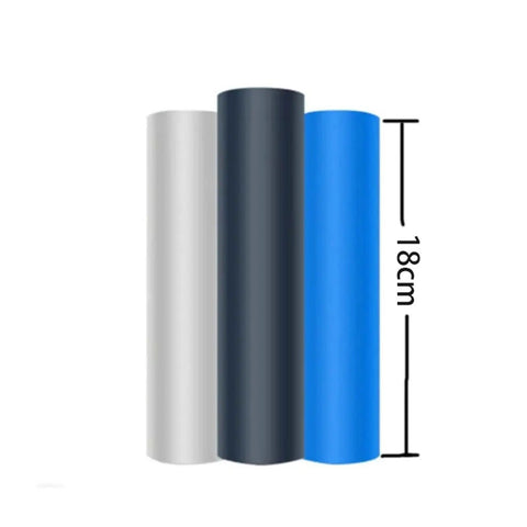 Three vertical rolls of material in white, black, and blue, with an 18cm height dimension shown on the side.