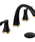 Black And Gold 8 Inch Widespread Bathroom Faucet With 3 Holes And Two Handles Drain Assembly And 27.6 Inch Supply Lines Solid Brass Lead Free Ceramic Disc Cartridges Easy Install Vanity Sink Tap