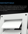 Close-up of wall mount duct shutter with 6 inch louver vent, white powder coated finish and rubber stoppers visible