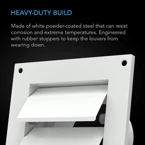 Close-up of wall mount duct shutter with 6 inch louver vent, white powder coated finish and rubber stoppers visible