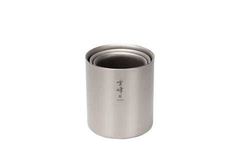 Dope Titanium Double Wall Insulated Coffee Mug With 15 Oz Capacity stacks neatly for ultralight camping and backpacking.