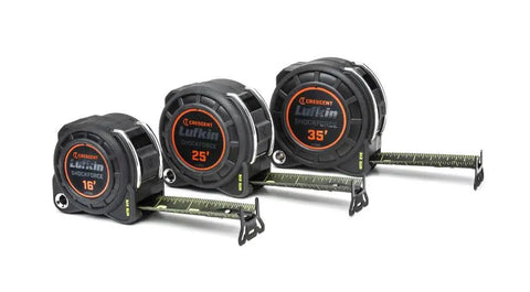 Three black tape measures, including a Home Measuring Tape And Layout Tool Black 35 Foot Tape Measure For DIY Projects.