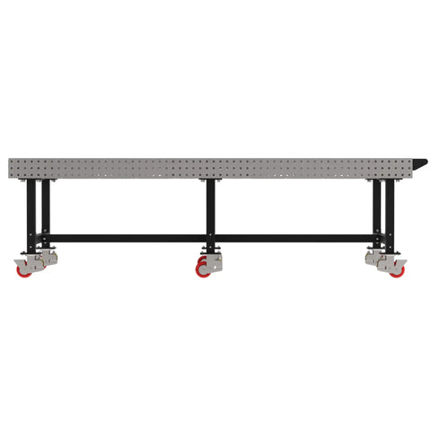 Industrial Mobile Welding Table With Precision Laser Cut Grid And Smooth Locking Casters For Easy Shop Rolling, side view with red casters.