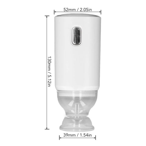 Front view of white cordless electric air pump with switch; 130mm tall, 52mm wide.