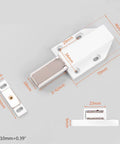 Dimensions of Heavy Duty Cabinet Door Push Latch With Magnetic Touch For Single Doors, shown in white ABS plastic.
