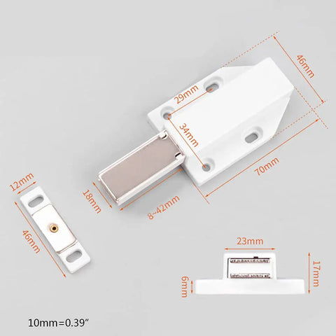 Dimensions of Heavy Duty Cabinet Door Push Latch With Magnetic Touch For Single Doors, shown in white ABS plastic.