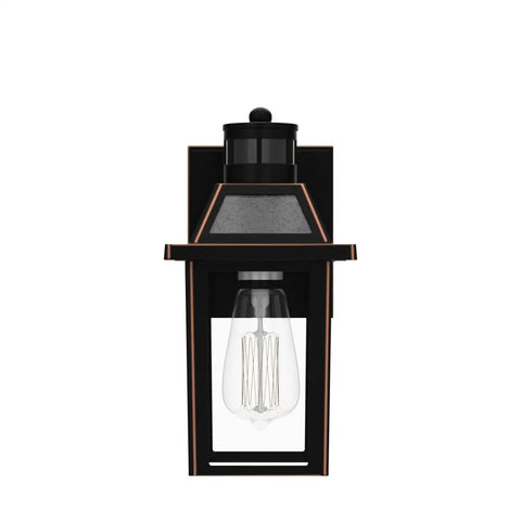 Porch Light With GFCI Outlet And Dusk To Dawn Sensor Outdoor Exterior Light Fixture, black design, front view.