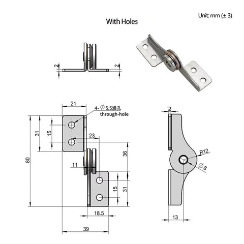 Through-hole damping torque hinge, 304 stainless steel with free-stop blade, 1 pc, front view with mounting holes