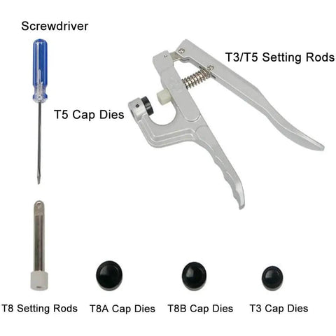 Snap Pliers Kit For No-Sew Button Snaps Handheld Press Attacher With T3 T5 T8 Dies And Rods, including screwdriver and plastic cap dies.